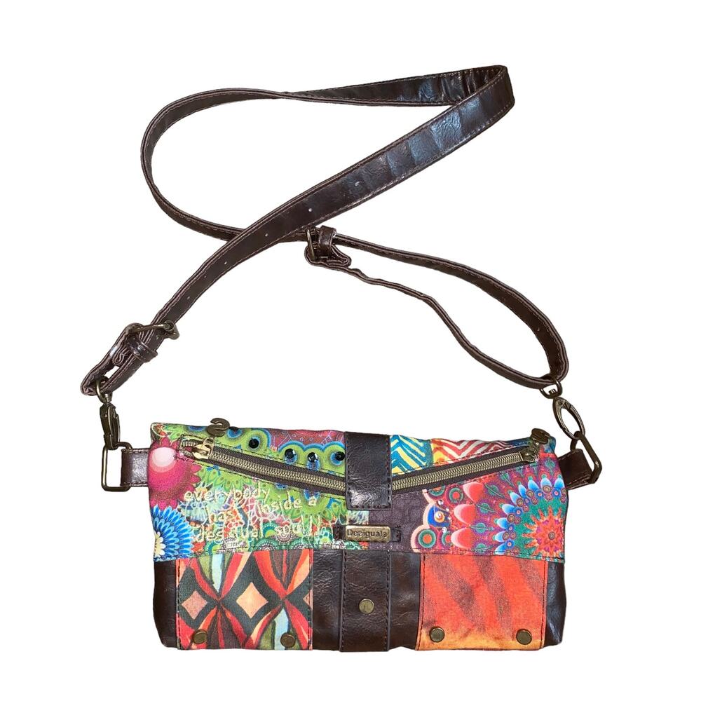 Desigual Patchwork Embroidered Boho Indie Studded Clutch Crossbody Bag Purse